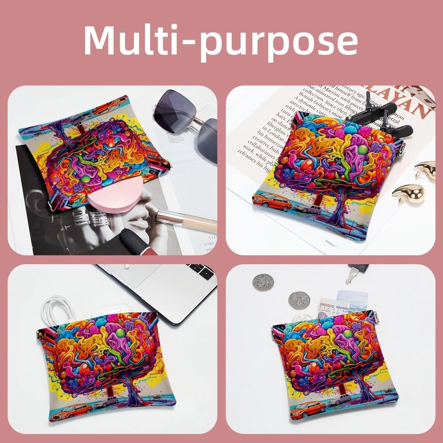 2 PCS Funny Cosmetic Shrapnel Bag Cute Makeup Toiletry Bags Change Vegan Leather Flat Large Box Trendy Teen Case Simple Tote Everyday Summer Birthday Mind Bus