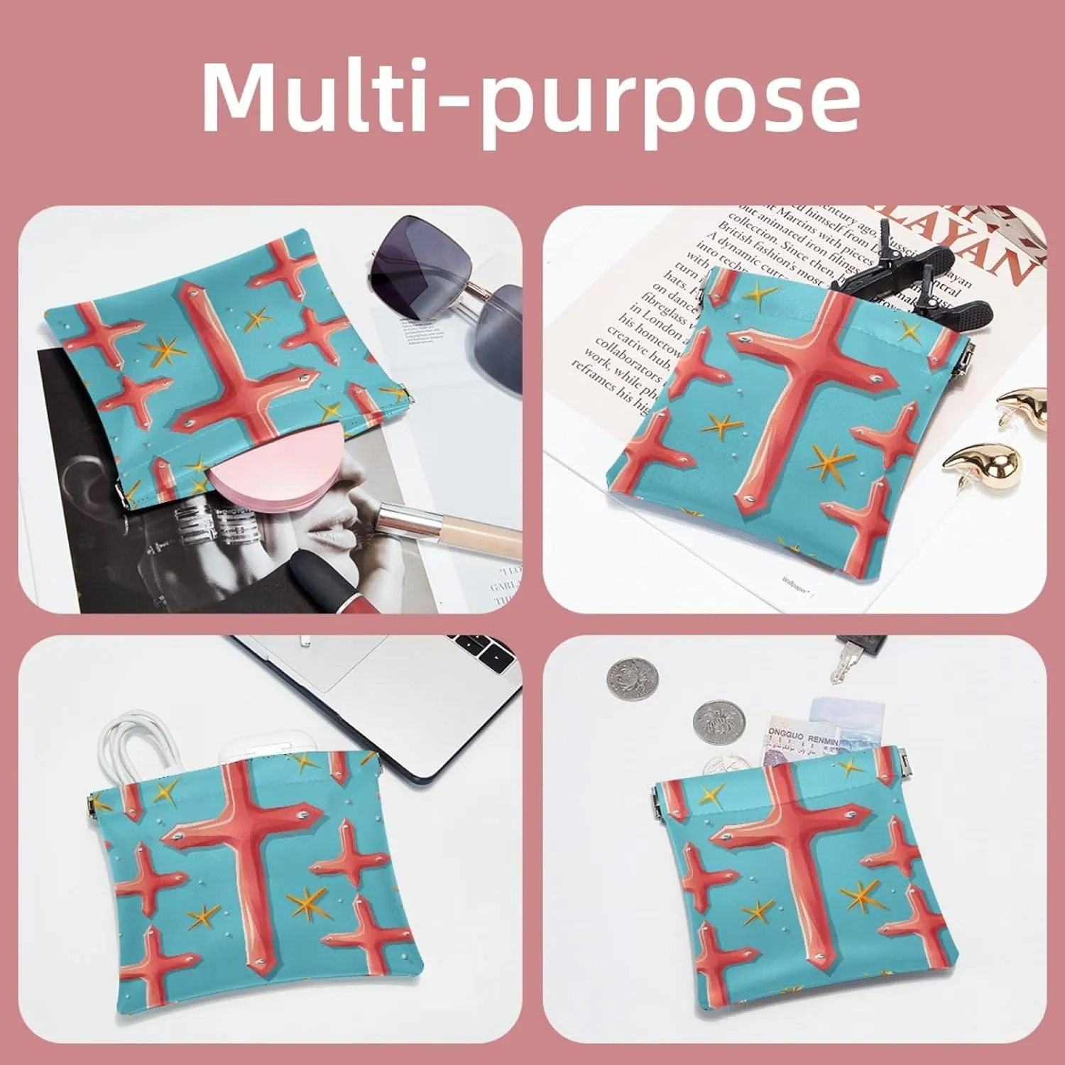 2 PCS Funny Cosmetic Shrapnel Bag Portable Makeup Toiletry Bags Squeeze Purse Wallet Vegan Leather Flat Little Organizer Unique Kids Kit Glam Tote Everyday Valentines Bathroom Easter Cross