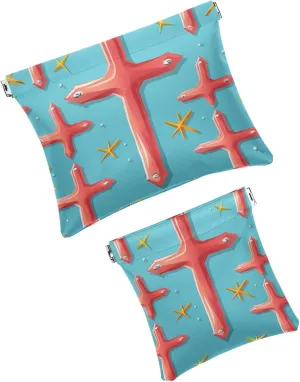 2 PCS Funny Cosmetic Shrapnel Bag Portable Makeup Toiletry Bags Squeeze Purse Wallet Vegan Leather Flat Little Organizer Unique Kids Kit Glam Tote Everyday Valentines Bathroom Easter Cross