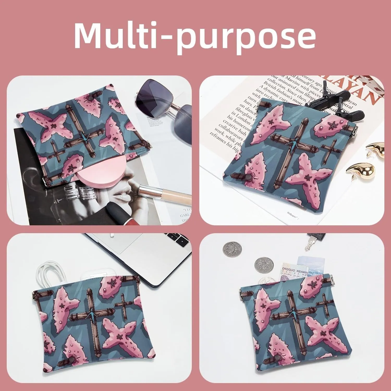 2 PCS Funny Cosmetic Shrapnel Bag Sturdy Makeup Toiletry Bags Change Vegan Leather Compact Mini Storage Trendy Kids Pencil Personal Travel Light Cosmetology Gym Easter Cross