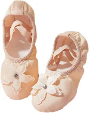 Anneken Ballet Shoes for Girls Toddler No Tie Canvas Dance Flats Practice Slippers Split Soft Leather Flat Shoes (Toddler/Little/Big Kid)