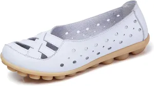Ballet Flats Shoes for Women Comfortable Hollow Out Leather Loafers Round Toe Slip-On Shoes Comfortable Lightweight Breathable Fashion Driving Loafers Summer Walking Cross Flats Sandals
