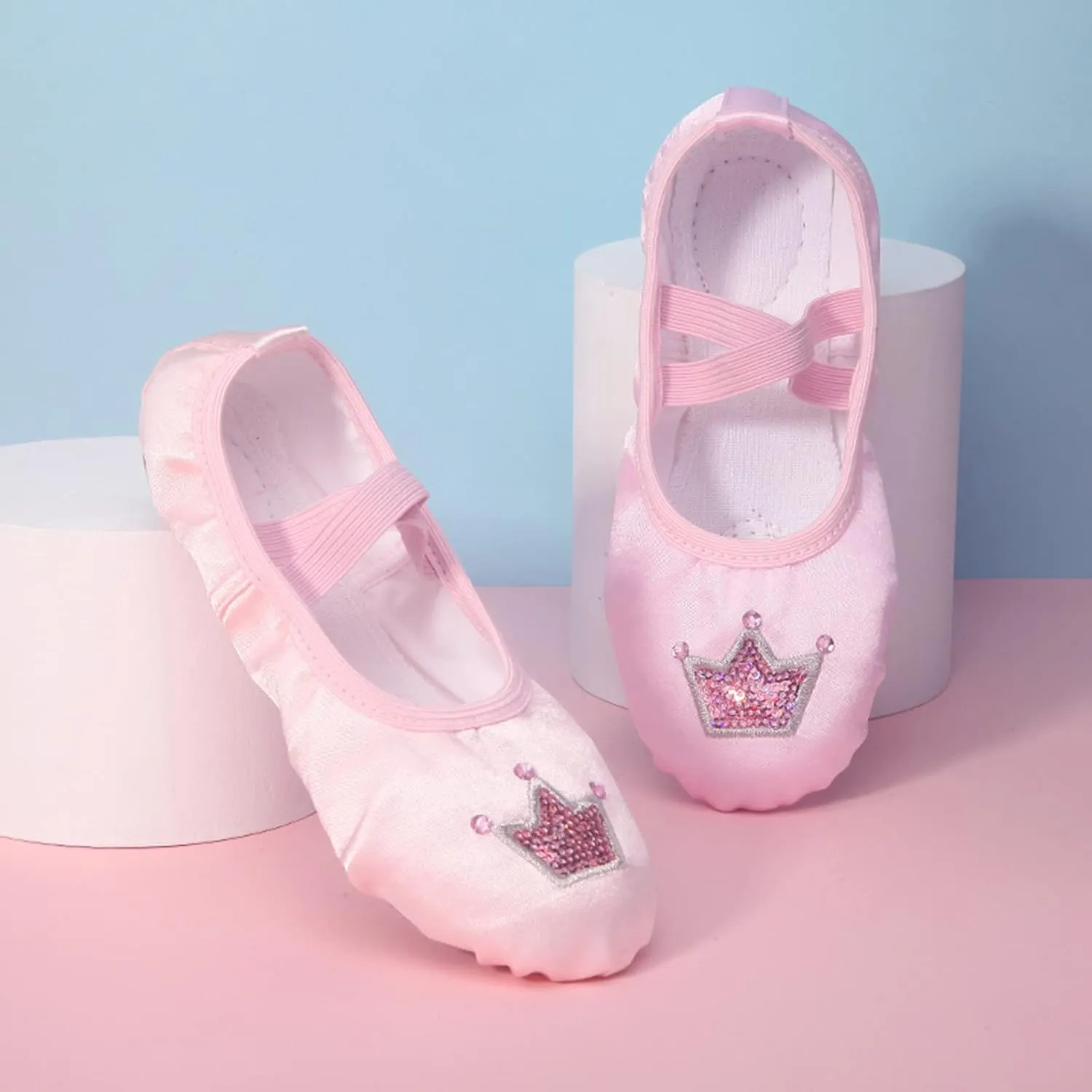 Ballet Shoes for Girls Satin Dance Practice Slippers Split Soft Leather Flat Sole Crown Yoga Gymnastics Shoes
