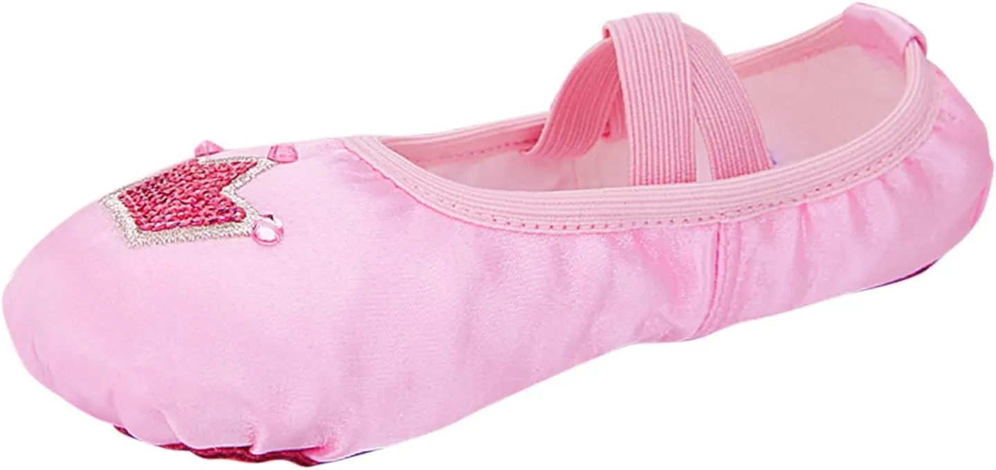 Ballet Shoes for Girls Satin Dance Practice Slippers Split Soft Leather Flat Sole Crown Yoga Gymnastics Shoes
