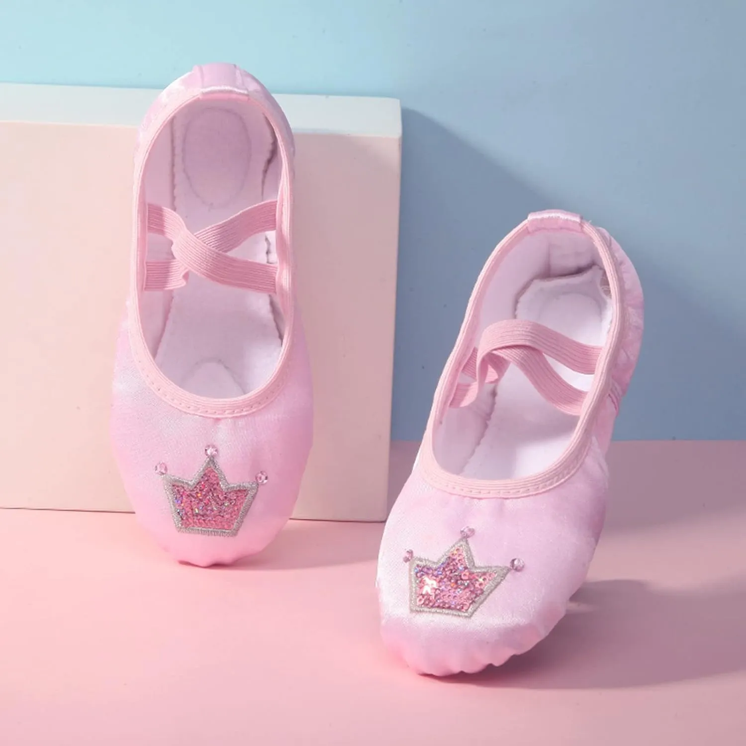 Ballet Shoes for Girls Satin Dance Practice Slippers Split Soft Leather Flat Sole Crown Yoga Gymnastics Shoes