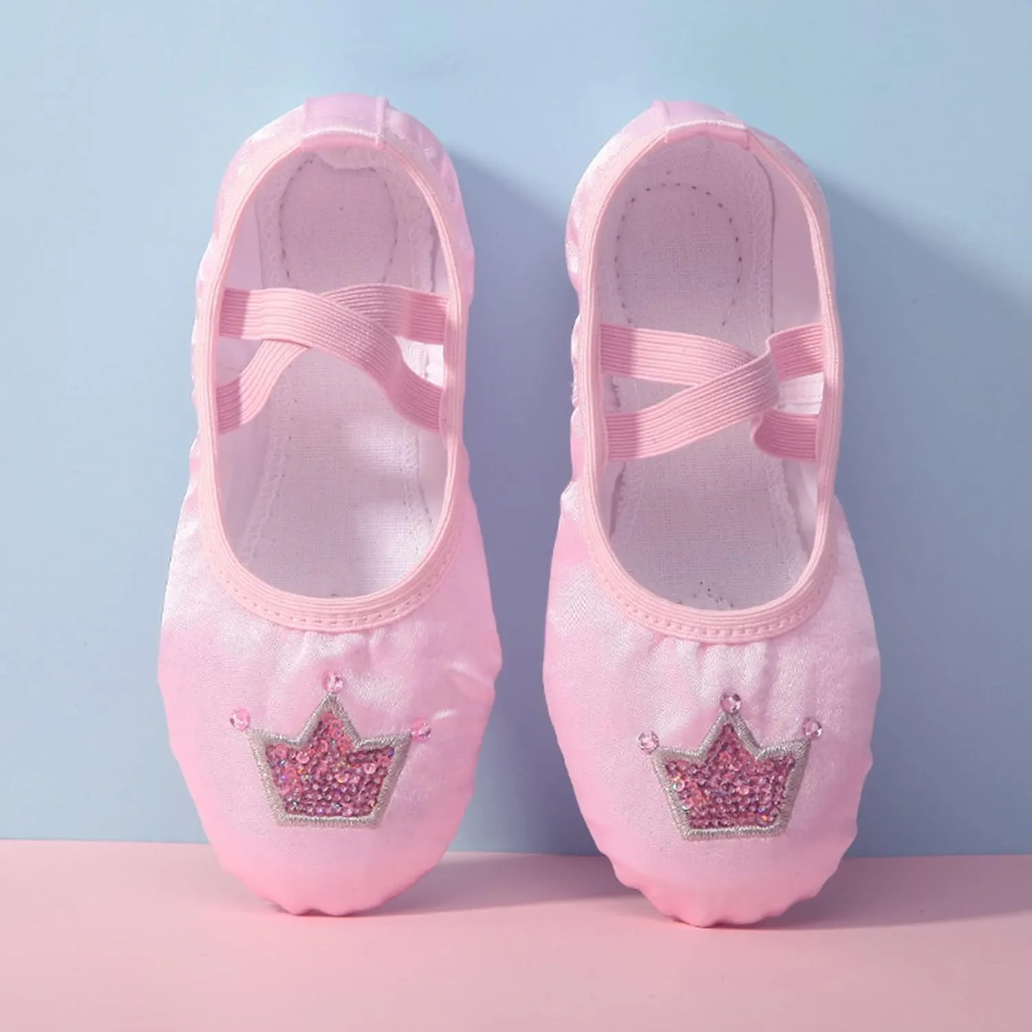 Ballet Shoes for Girls Satin Dance Practice Slippers Split Soft Leather Flat Sole Crown Yoga Gymnastics Shoes
