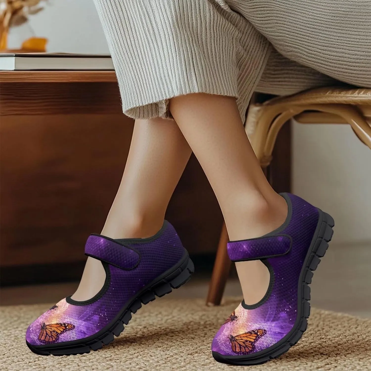 Binienty Women's Ankle Strap Mary Janes Round Toe Mesh Ballet Flats Memory Foam Walking Sneakers
