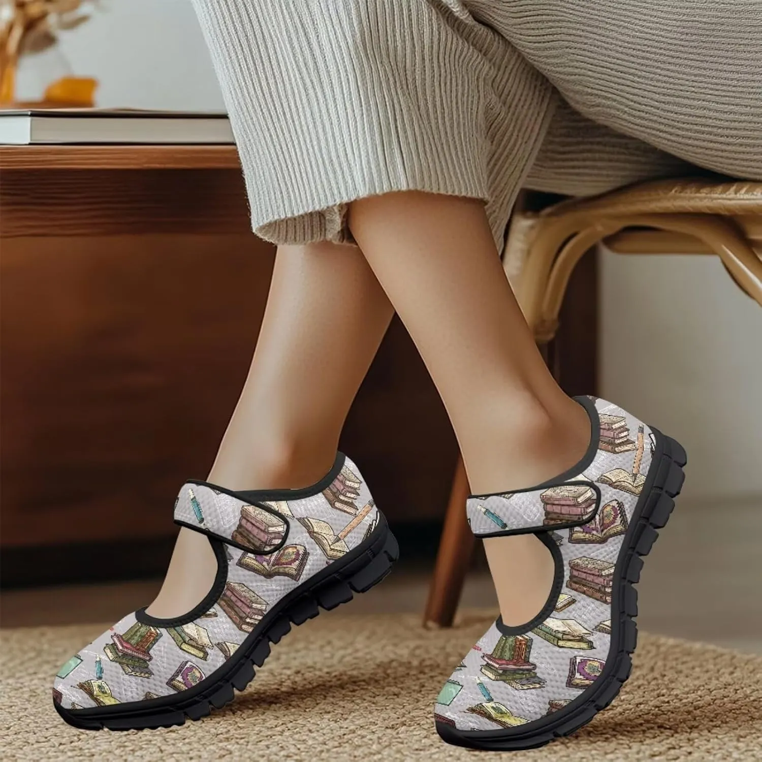 Binienty Womens Mary Jane Shoes Slip On Loafers with Adjust Hook and Loop Breathable Mesh Walking Sneakers