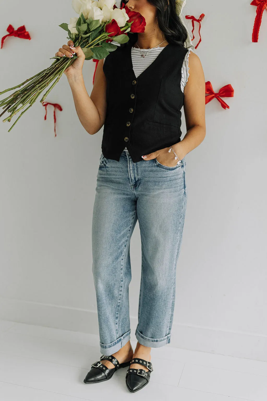 Black Linen Button Up Vest