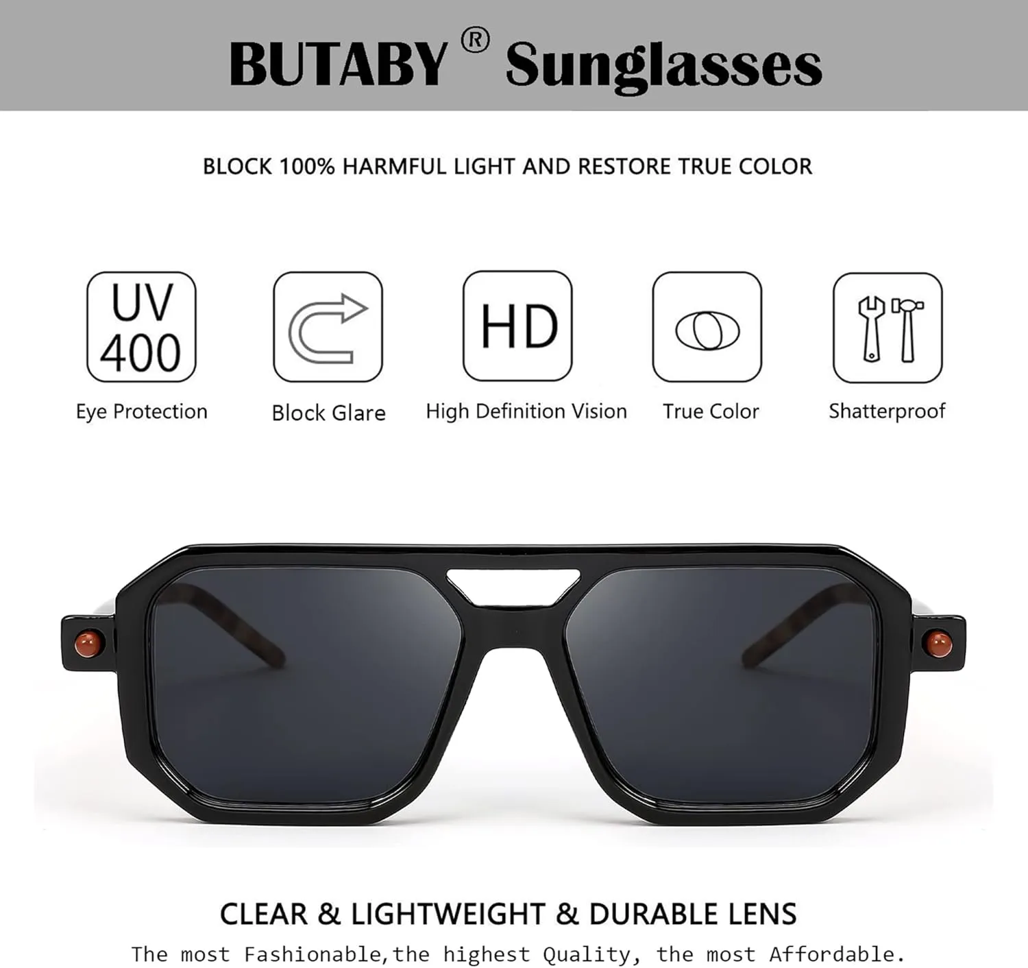 BUTABY Retro Square 70s Flat Aviator Sunglasses Women Men Vintage Trendy Plastic Frame Sun Glasses UV400 Protection