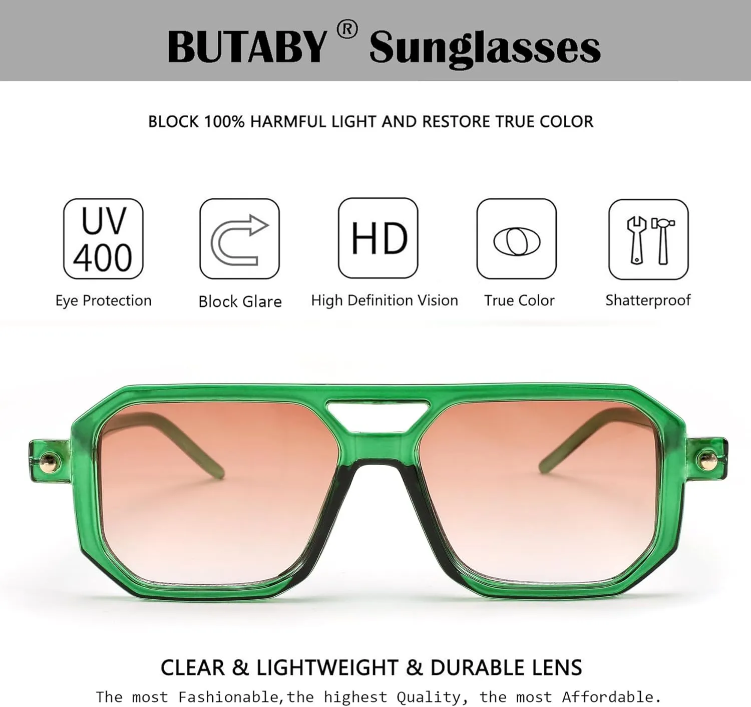BUTABY Retro Square 70s Flat Aviator Sunglasses Women Men Vintage Trendy Plastic Frame Sun Glasses UV400 Protection