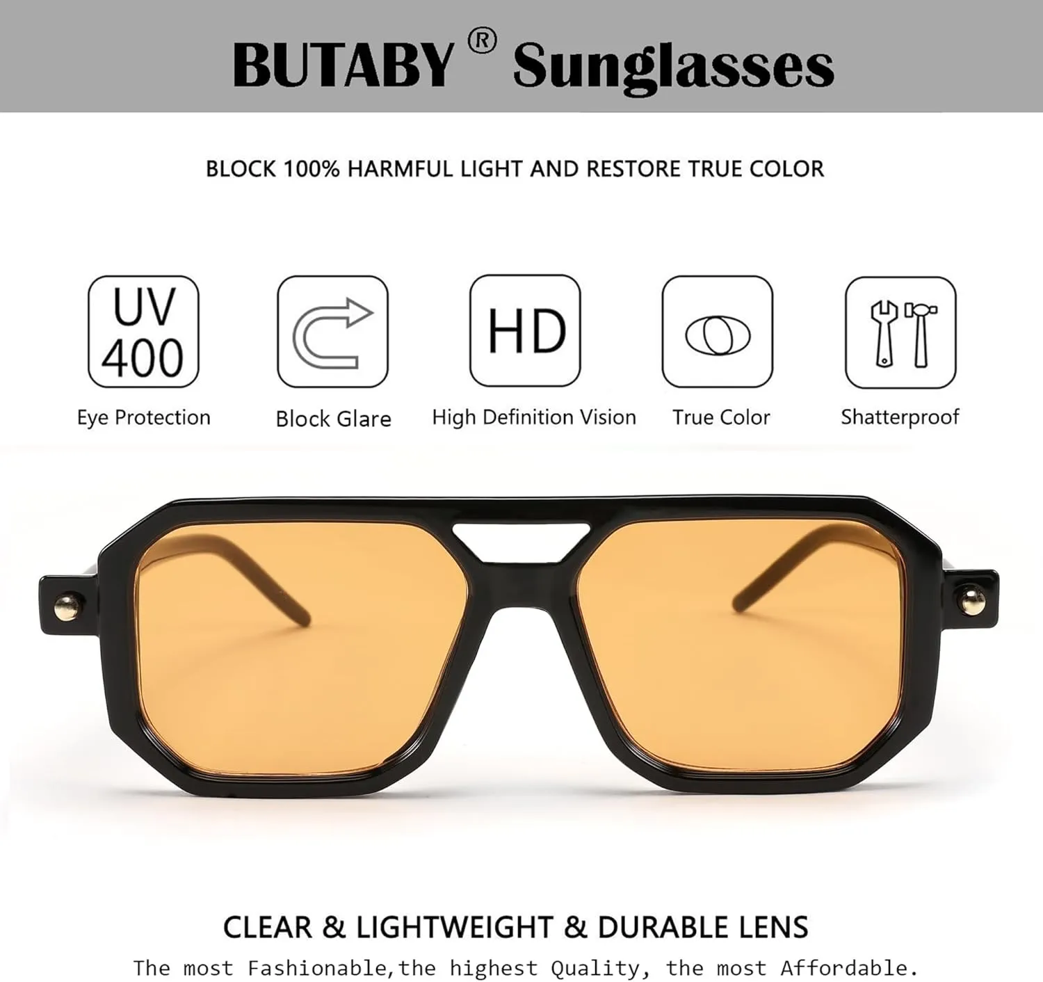 BUTABY Retro Square 70s Flat Aviator Sunglasses Women Men Vintage Trendy Plastic Frame Sun Glasses UV400 Protection