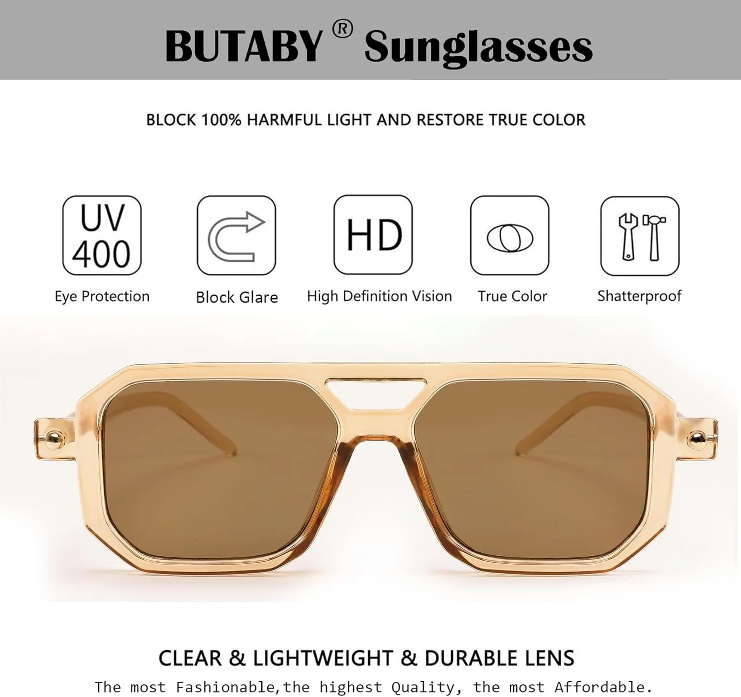 BUTABY Retro Square 70s Flat Aviator Sunglasses Women Men Vintage Trendy Plastic Frame Sun Glasses UV400 Protection