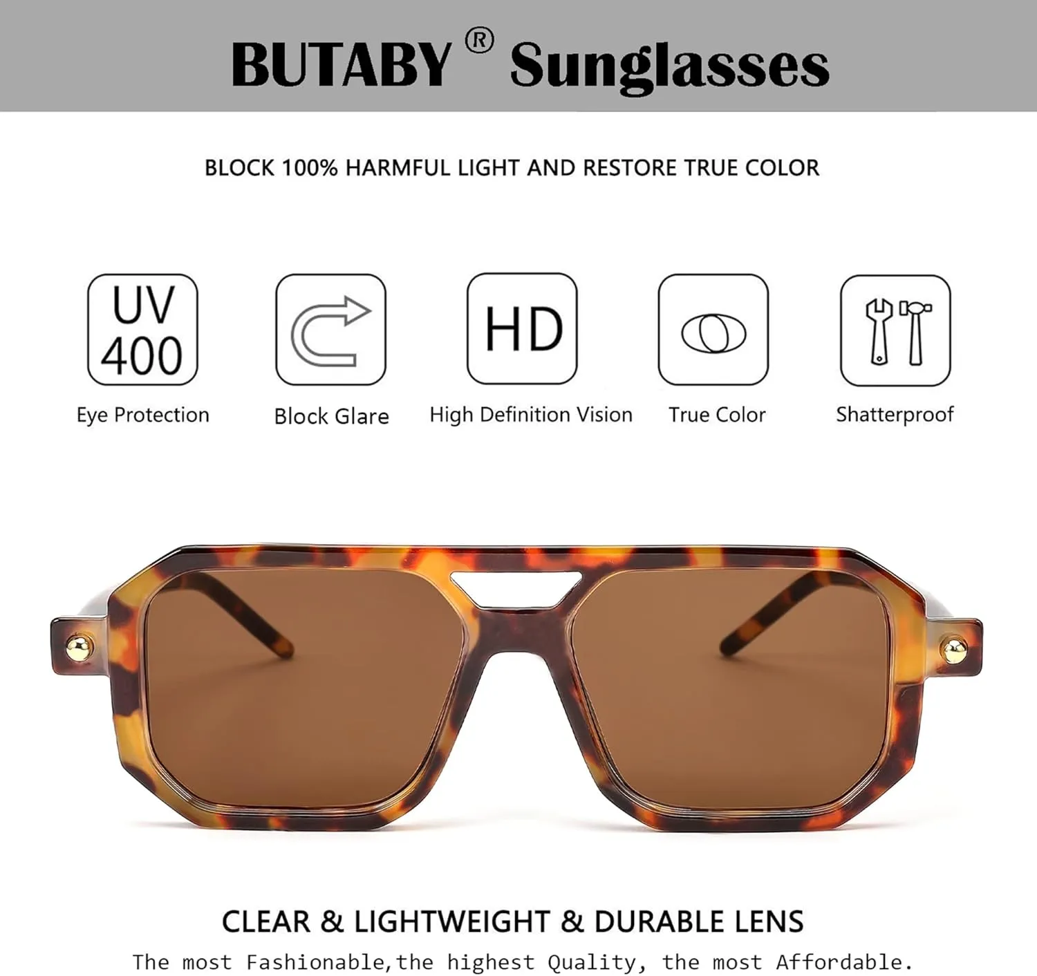 BUTABY Retro Square 70s Flat Aviator Sunglasses Women Men Vintage Trendy Plastic Frame Sun Glasses UV400 Protection