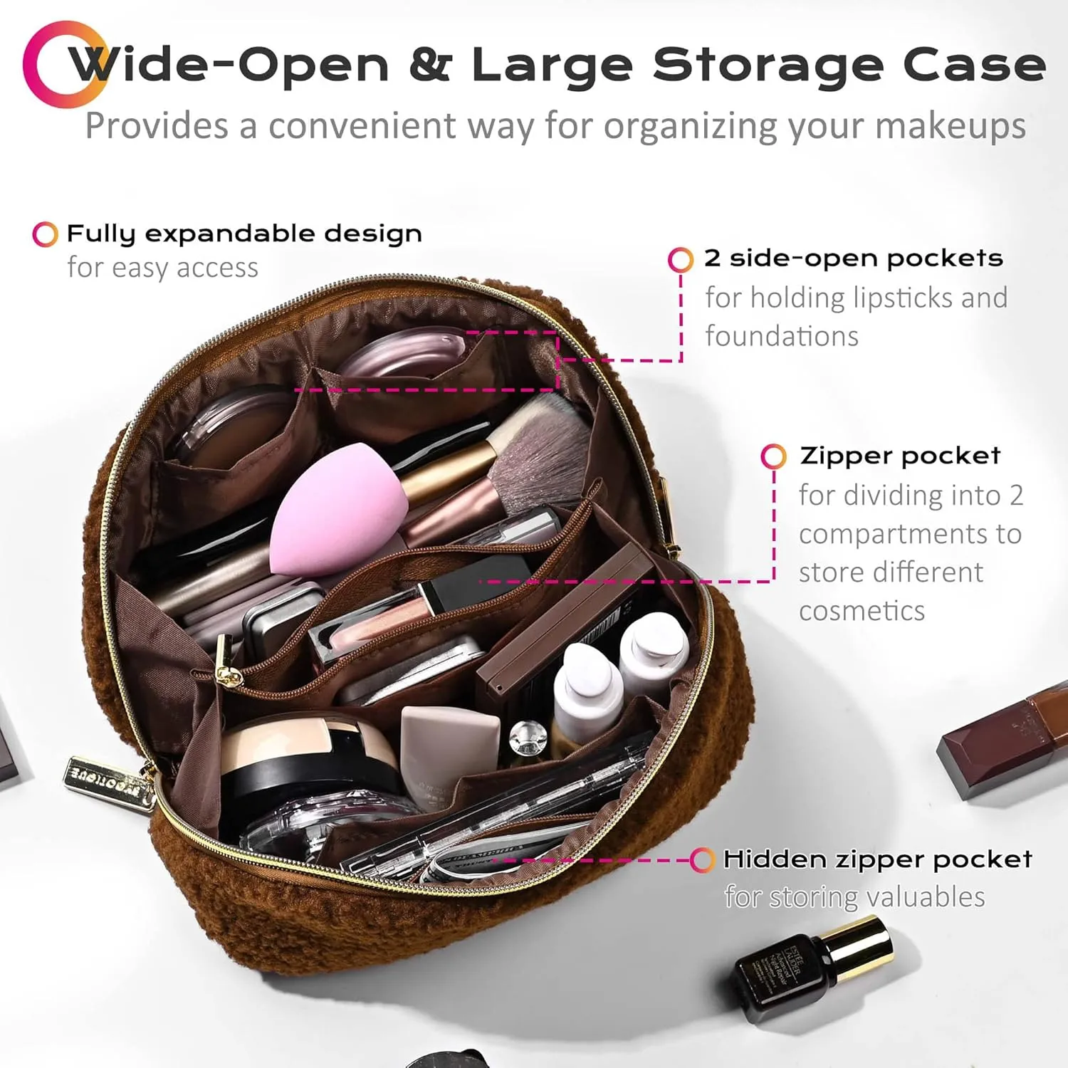 BYOOTIQUE Makeup Bag Plush Makeup Case Open Flat Travel Toiletry Accessories Organizer Cosmetic Bag With Handle and Divider Flat Lay make up bag for Cosmetics Brushes Toiletry Jewelry, Brown