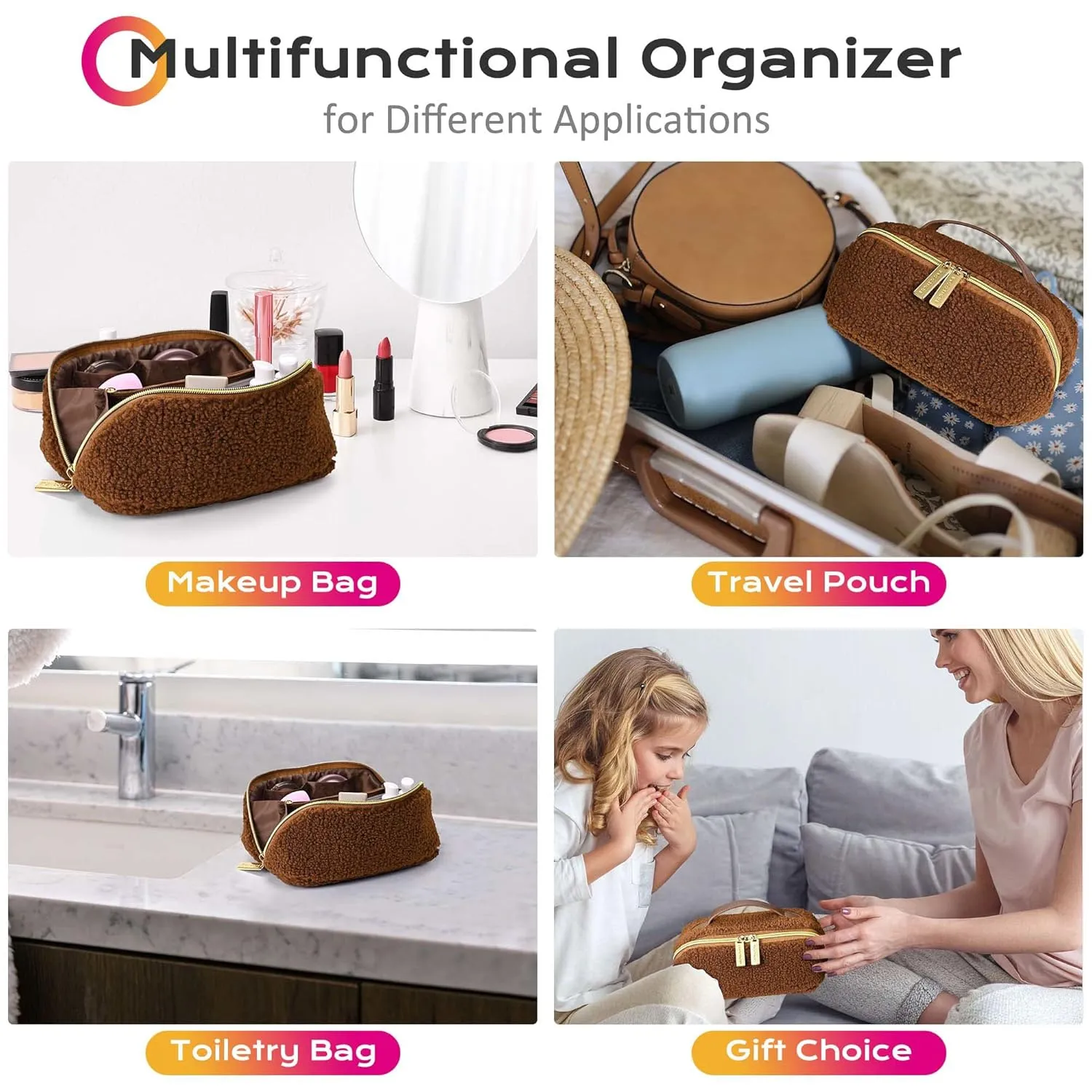 BYOOTIQUE Makeup Bag Plush Makeup Case Open Flat Travel Toiletry Accessories Organizer Cosmetic Bag With Handle and Divider Flat Lay make up bag for Cosmetics Brushes Toiletry Jewelry, Brown