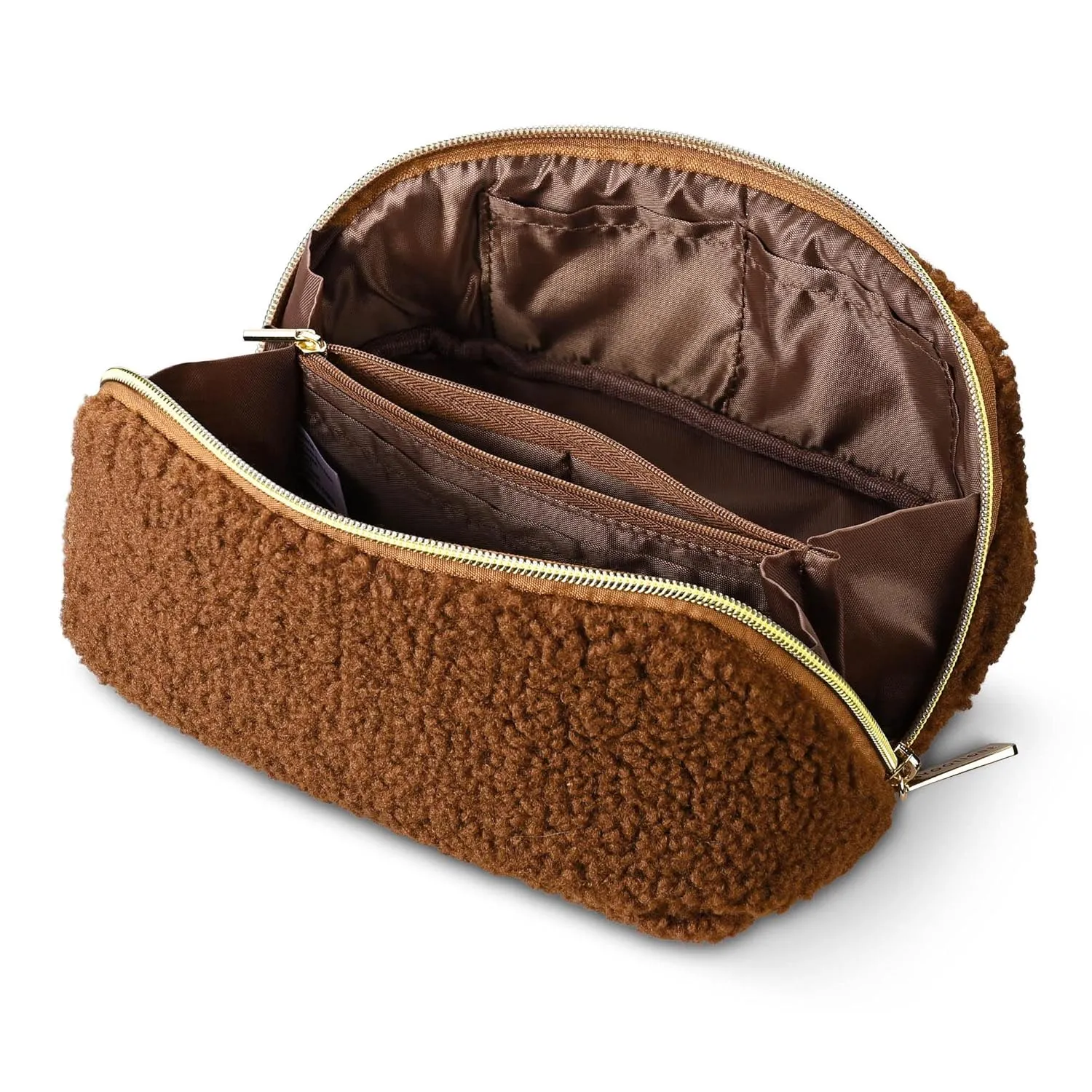 BYOOTIQUE Makeup Bag Plush Makeup Case Open Flat Travel Toiletry Accessories Organizer Cosmetic Bag With Handle and Divider Flat Lay make up bag for Cosmetics Brushes Toiletry Jewelry, Brown
