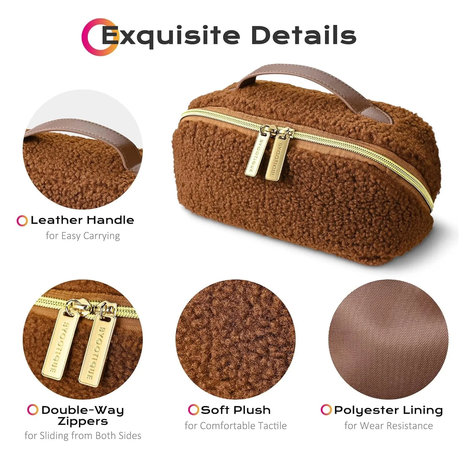 BYOOTIQUE Makeup Bag Plush Makeup Case Open Flat Travel Toiletry Accessories Organizer Cosmetic Bag With Handle and Divider Flat Lay make up bag for Cosmetics Brushes Toiletry Jewelry, Brown