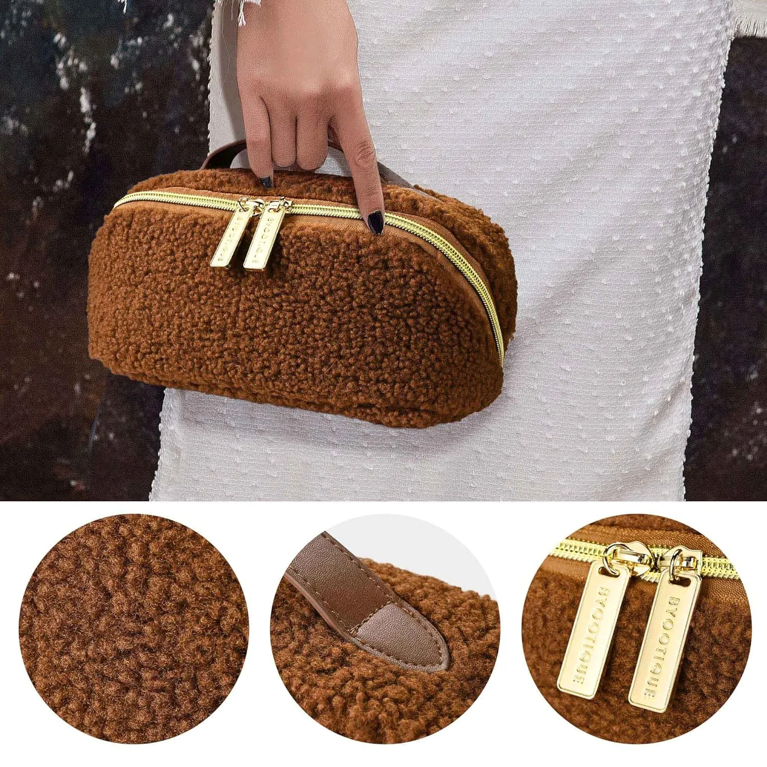 BYOOTIQUE Makeup Bag Plush Makeup Case Open Flat Travel Toiletry Accessories Organizer Cosmetic Bag With Handle and Divider Flat Lay make up bag for Cosmetics Brushes Toiletry Jewelry, Brown
