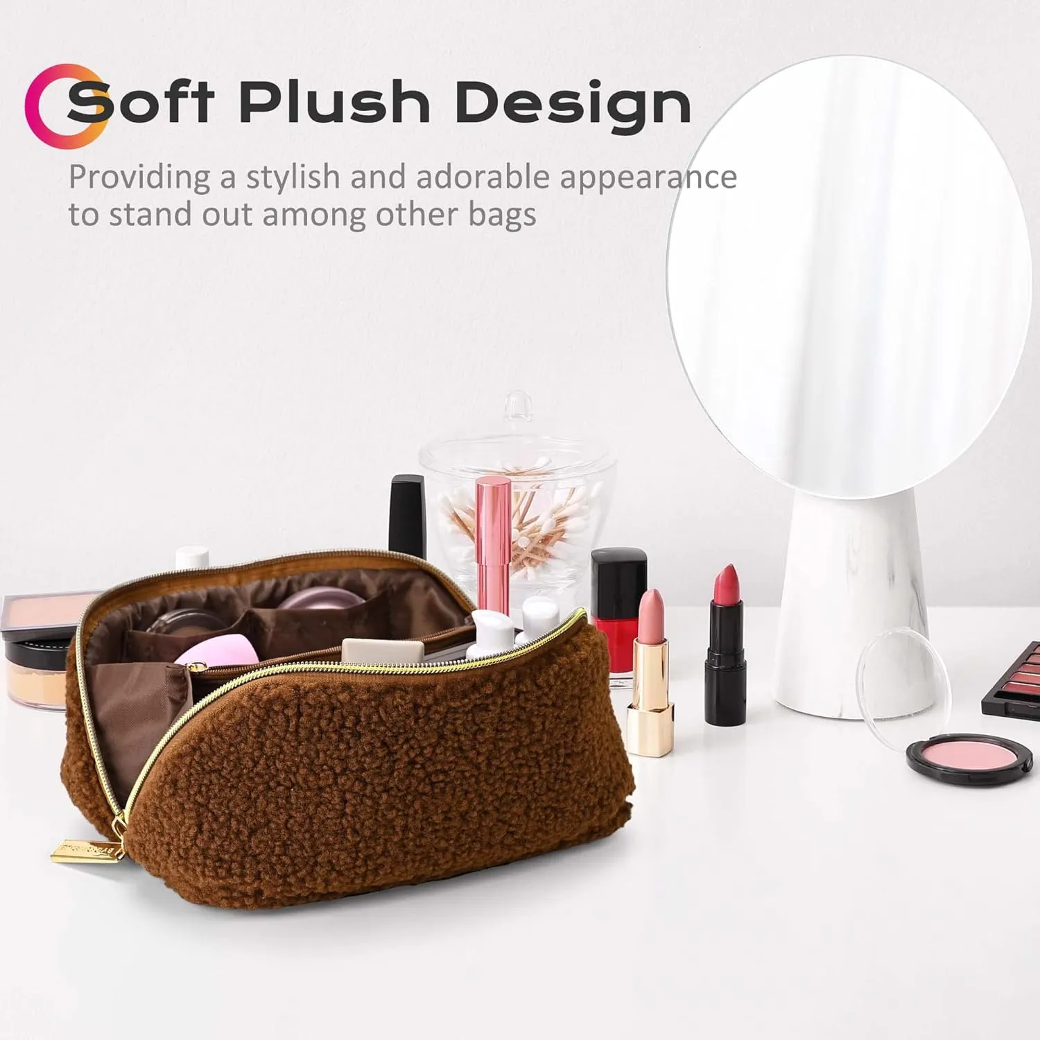 BYOOTIQUE Makeup Bag Plush Makeup Case Open Flat Travel Toiletry Accessories Organizer Cosmetic Bag With Handle and Divider Flat Lay make up bag for Cosmetics Brushes Toiletry Jewelry, Brown