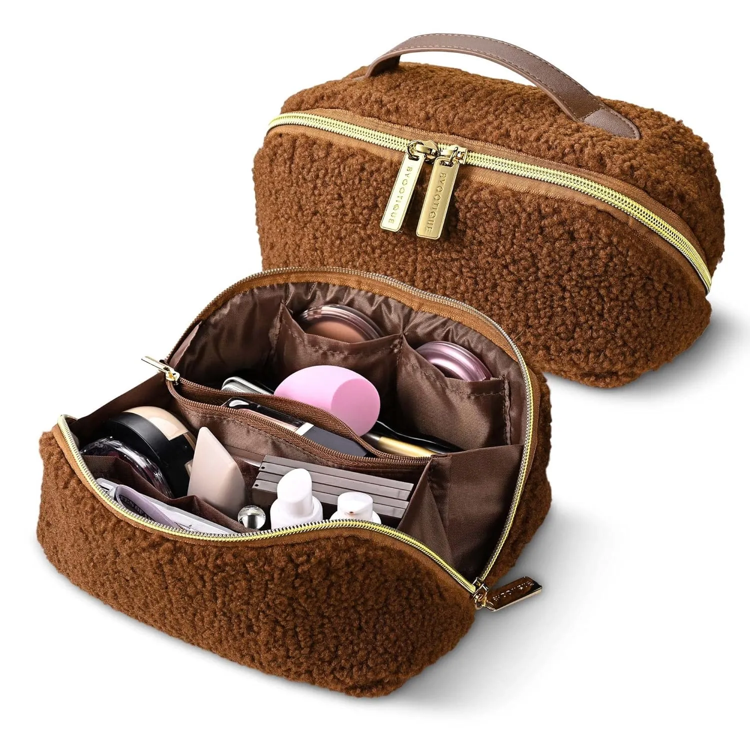 BYOOTIQUE Makeup Bag Plush Makeup Case Open Flat Travel Toiletry Accessories Organizer Cosmetic Bag With Handle and Divider Flat Lay make up bag for Cosmetics Brushes Toiletry Jewelry, Brown