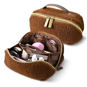 BYOOTIQUE Makeup Bag Plush Makeup Case Open Flat Travel Toiletry Accessories Organizer Cosmetic Bag With Handle and Divider Flat Lay make up bag for Cosmetics Brushes Toiletry Jewelry, Brown