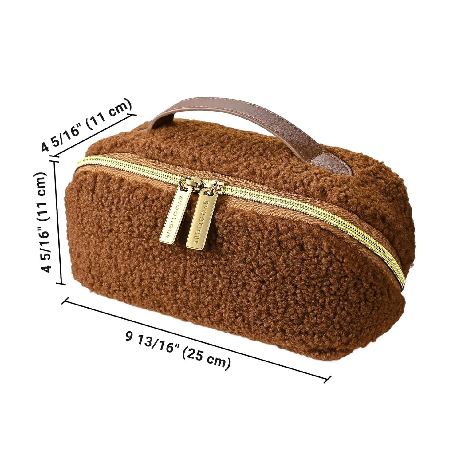 BYOOTIQUE Makeup Bag Plush Makeup Case Open Flat Travel Toiletry Accessories Organizer Cosmetic Bag With Handle and Divider Flat Lay make up bag for Cosmetics Brushes Toiletry Jewelry, Brown
