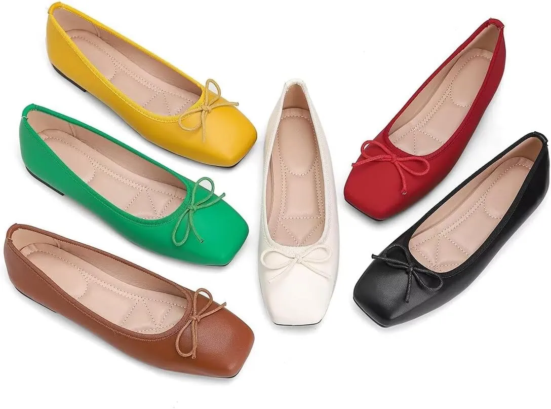 ChaiRong Zhou Women Square Toe Pu Leather Ballet Flats with Cute Bowknot Elegant Slip on Soft Support Daily Dress Office Driving Shoes