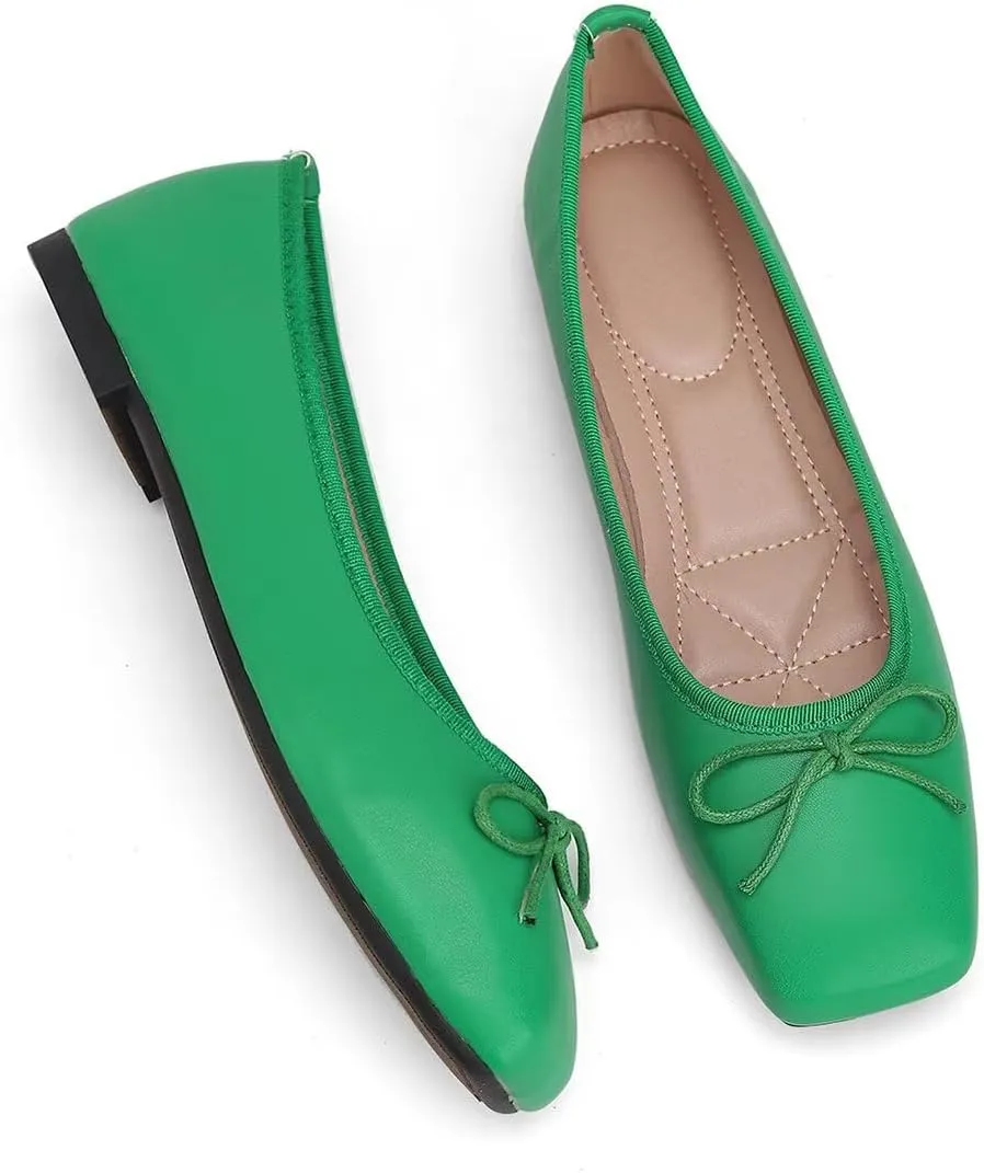 ChaiRong Zhou Women Square Toe Pu Leather Ballet Flats with Cute Bowknot Elegant Slip on Soft Support Daily Dress Office Driving Shoes