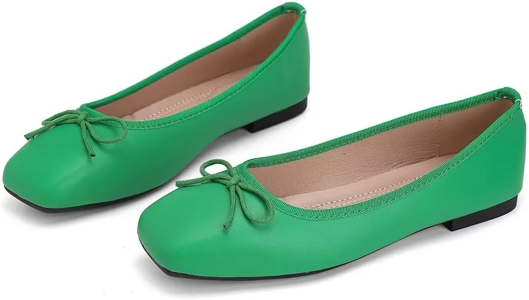 ChaiRong Zhou Women Square Toe Pu Leather Ballet Flats with Cute Bowknot Elegant Slip on Soft Support Daily Dress Office Driving Shoes
