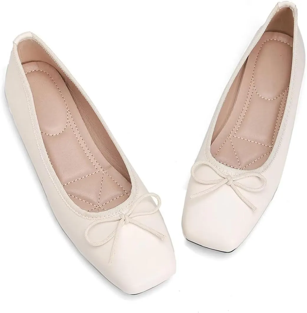 ChaiRong Zhou Women Square Toe Pu Leather Ballet Flats with Cute Bowknot Elegant Slip on Soft Support Daily Dress Office Driving Shoes
