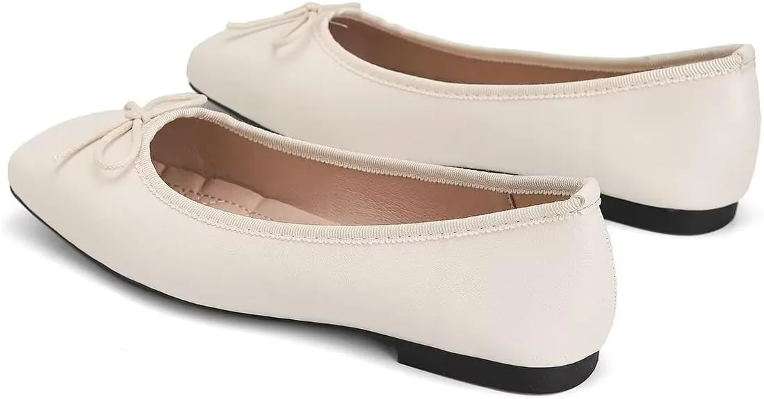 ChaiRong Zhou Women Square Toe Pu Leather Ballet Flats with Cute Bowknot Elegant Slip on Soft Support Daily Dress Office Driving Shoes