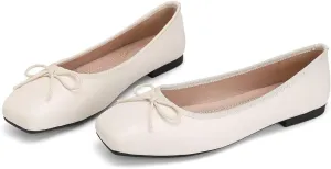 ChaiRong Zhou Women Square Toe Pu Leather Ballet Flats with Cute Bowknot Elegant Slip on Soft Support Daily Dress Office Driving Shoes