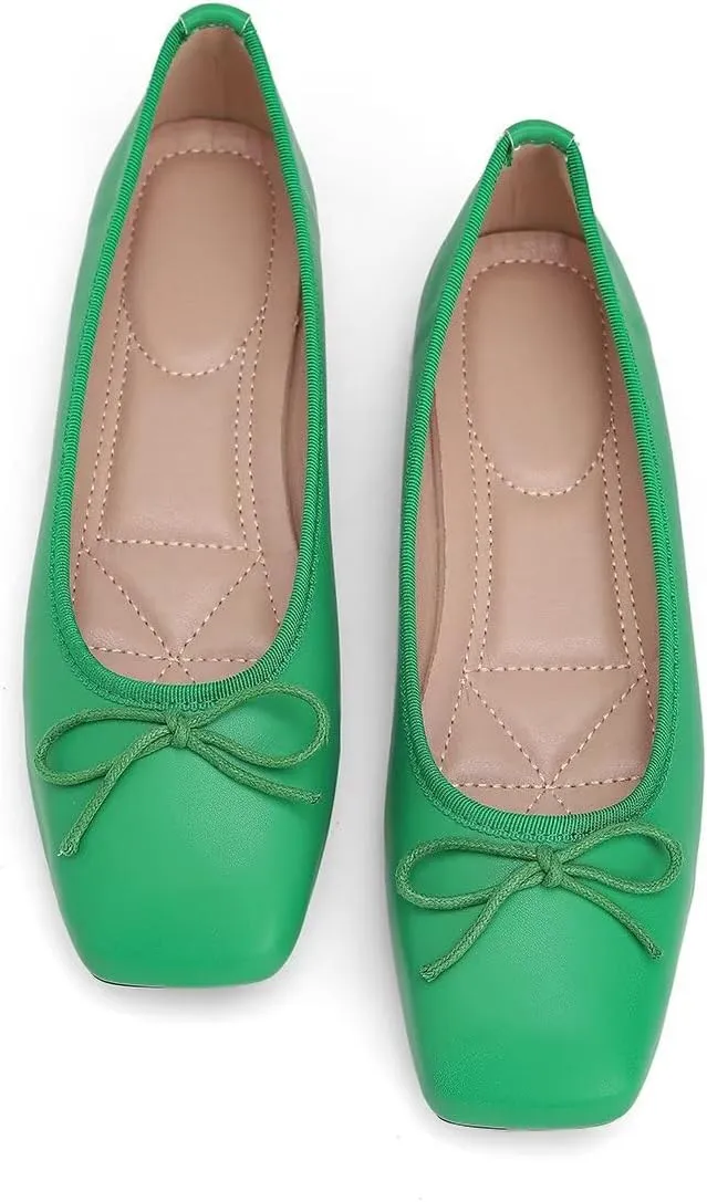 ChaiRong Zhou Women Square Toe Pu Leather Ballet Flats with Cute Bowknot Elegant Slip on Soft Support Daily Dress Office Driving Shoes