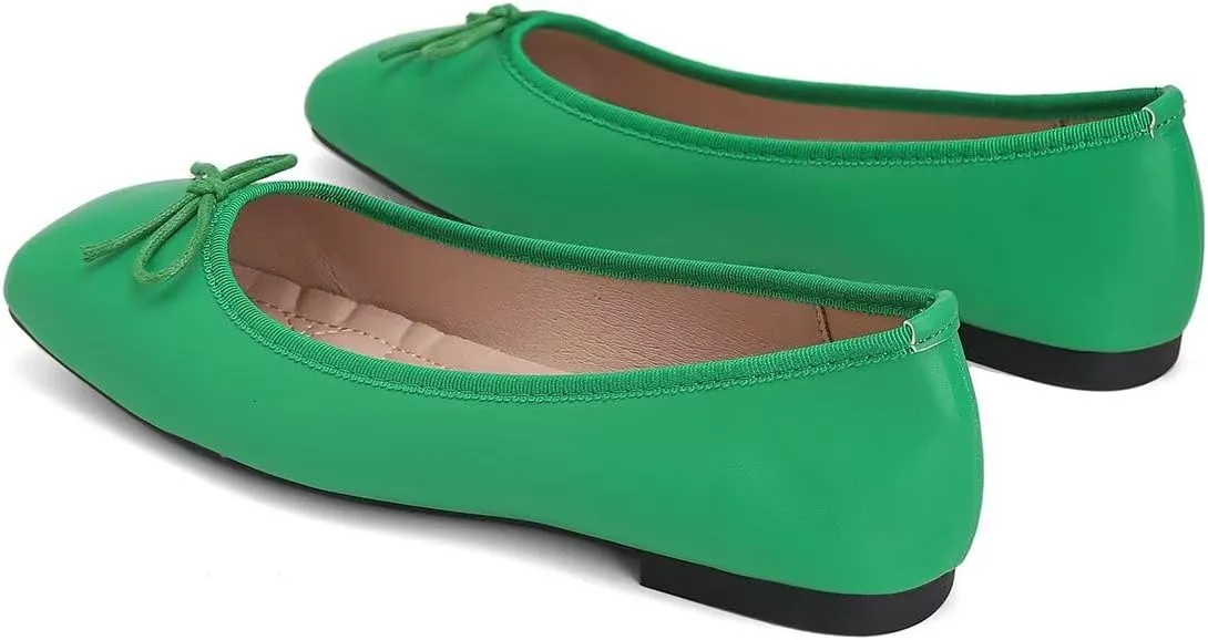 ChaiRong Zhou Women Square Toe Pu Leather Ballet Flats with Cute Bowknot Elegant Slip on Soft Support Daily Dress Office Driving Shoes