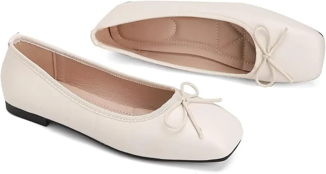 ChaiRong Zhou Women Square Toe Pu Leather Ballet Flats with Cute Bowknot Elegant Slip on Soft Support Daily Dress Office Driving Shoes