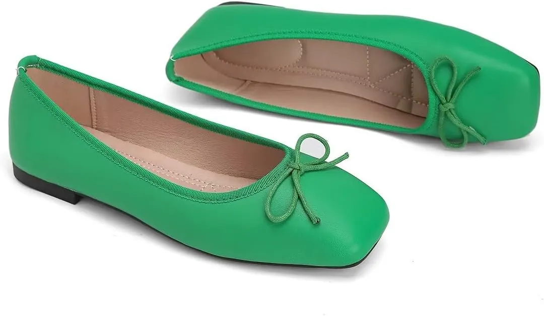 ChaiRong Zhou Women Square Toe Pu Leather Ballet Flats with Cute Bowknot Elegant Slip on Soft Support Daily Dress Office Driving Shoes