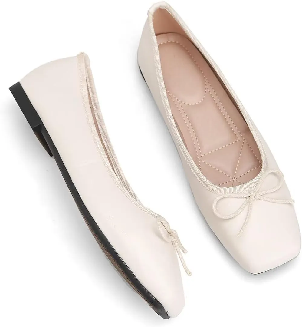ChaiRong Zhou Women Square Toe Pu Leather Ballet Flats with Cute Bowknot Elegant Slip on Soft Support Daily Dress Office Driving Shoes