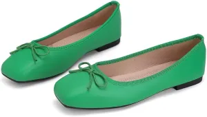 ChaiRong Zhou Women Square Toe Pu Leather Ballet Flats with Cute Bowknot Elegant Slip on Soft Support Daily Dress Office Driving Shoes