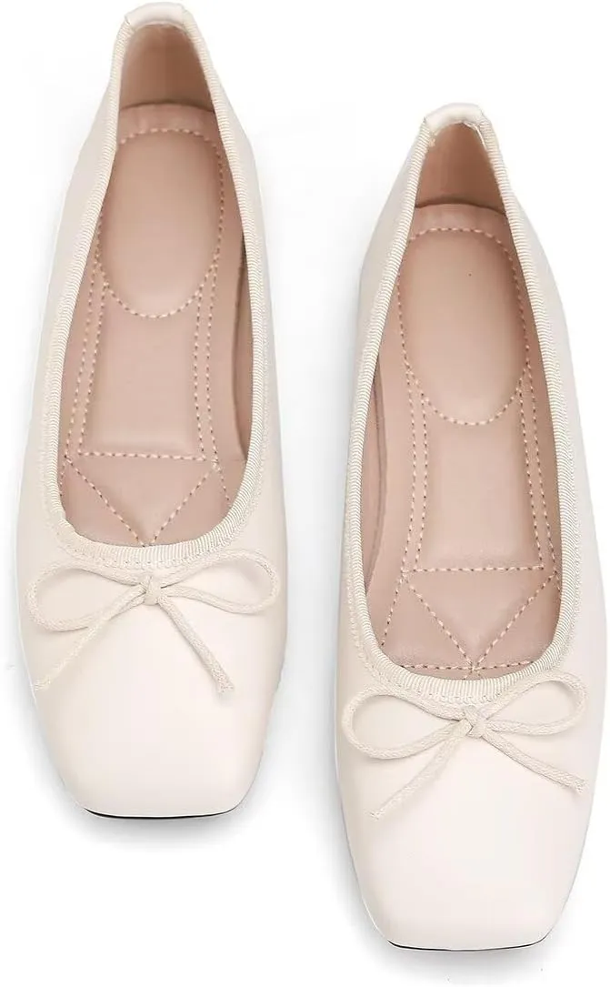 ChaiRong Zhou Women Square Toe Pu Leather Ballet Flats with Cute Bowknot Elegant Slip on Soft Support Daily Dress Office Driving Shoes