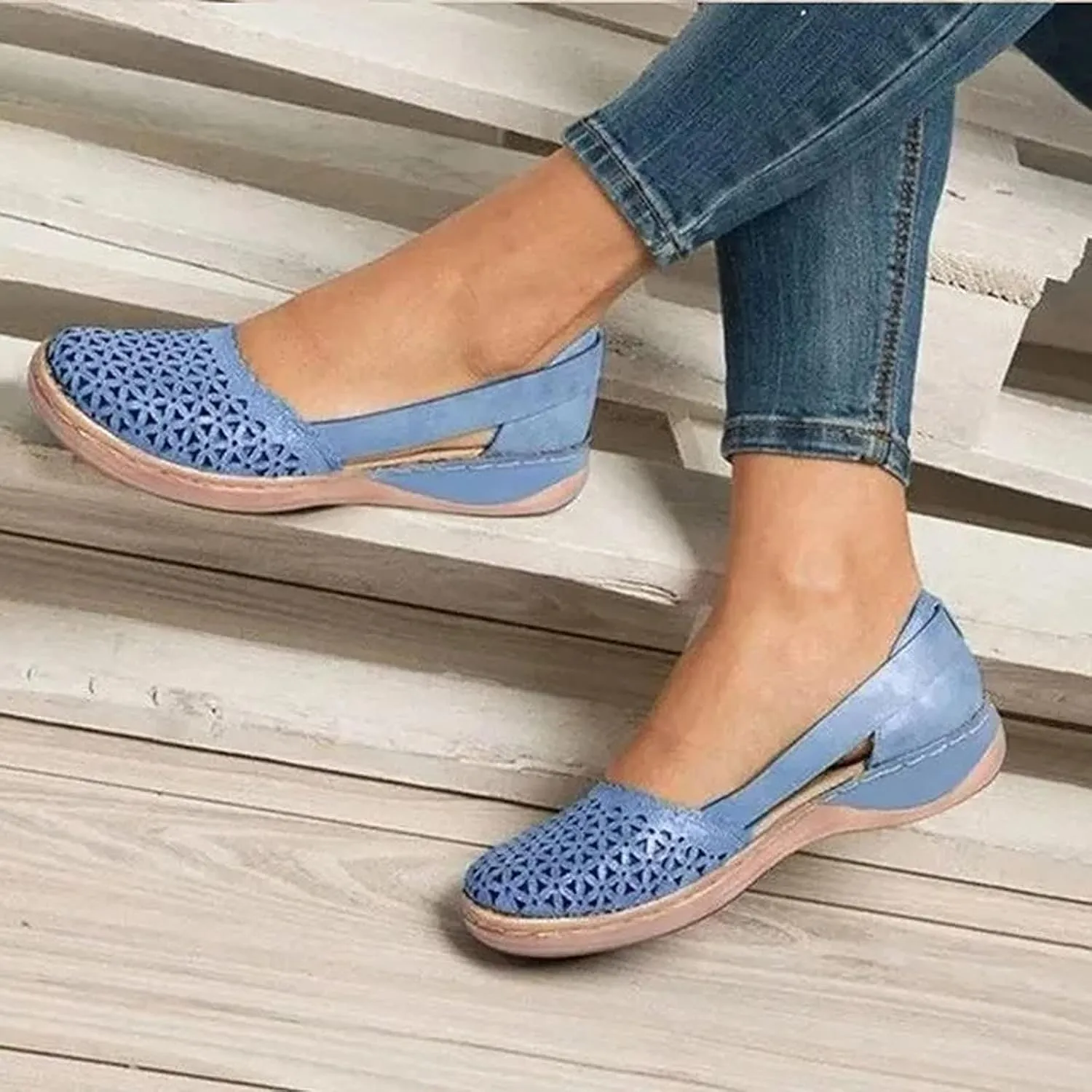 Closed Toe Sandals Women Hollow Out Shoes Orthotic Wedge Flats Sandals Round Toe Casual Slip On Comfort Eyelets Shoes