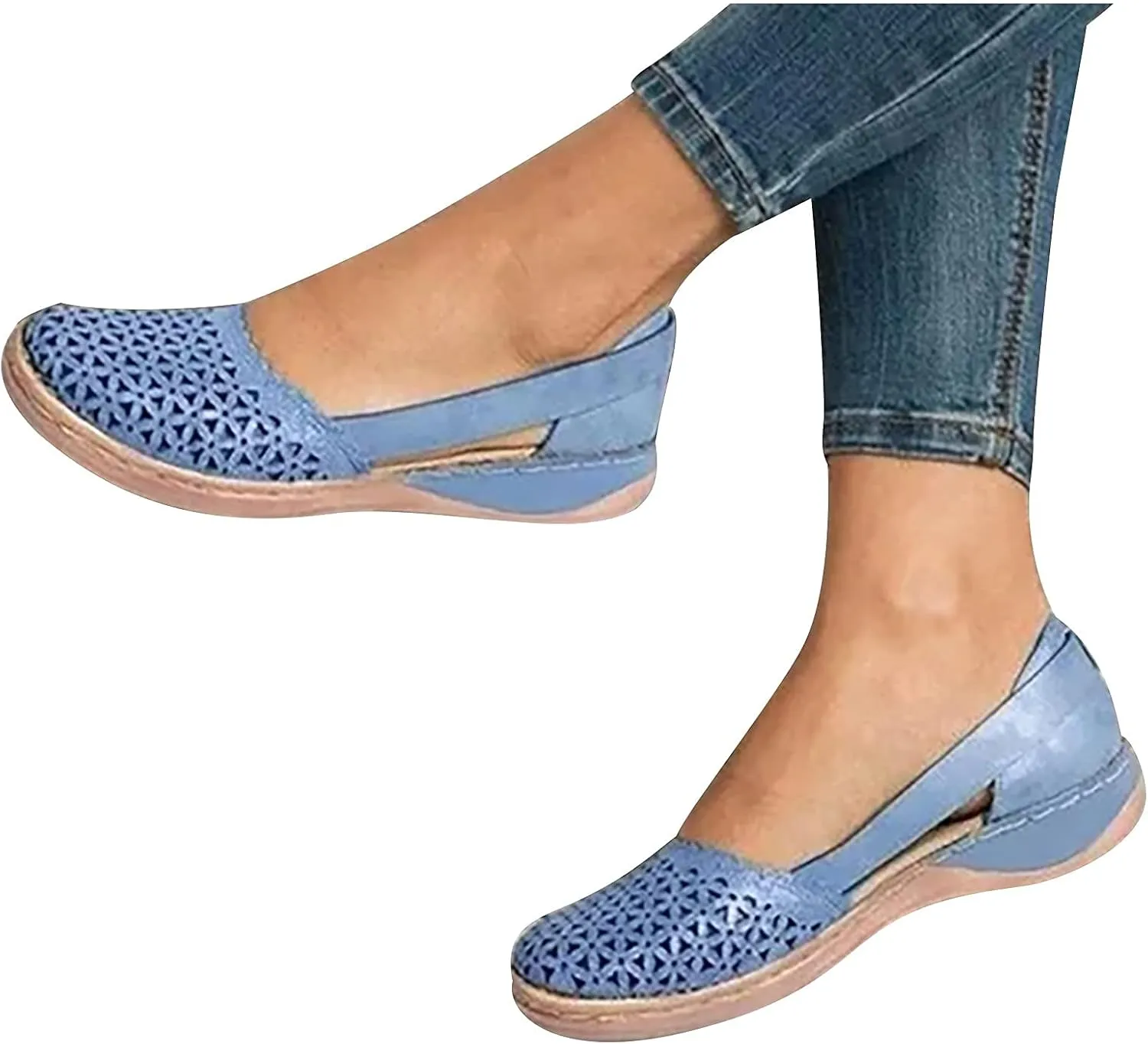 Closed Toe Sandals Women Hollow Out Shoes Orthotic Wedge Flats Sandals Round Toe Casual Slip On Comfort Eyelets Shoes
