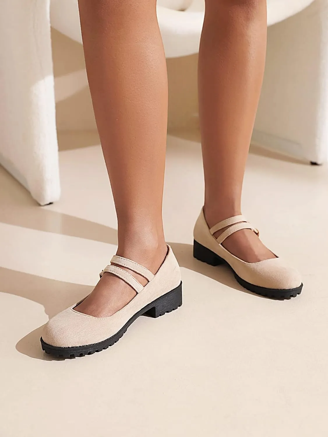 CosyFever Womens DC411 Mary Jane Chunky Low Cut Uppers Imitated Suede Flats