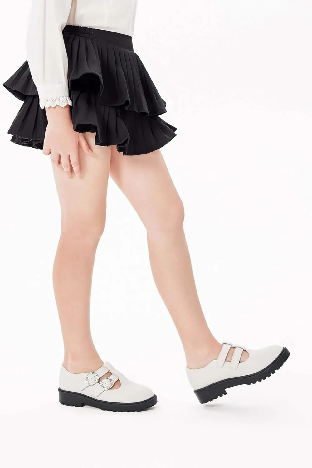 Coutgo Girls Mary Jane Shoes Platform Rhinestone T-Strap Chunky Block Heel Leather School Uniform Shoes