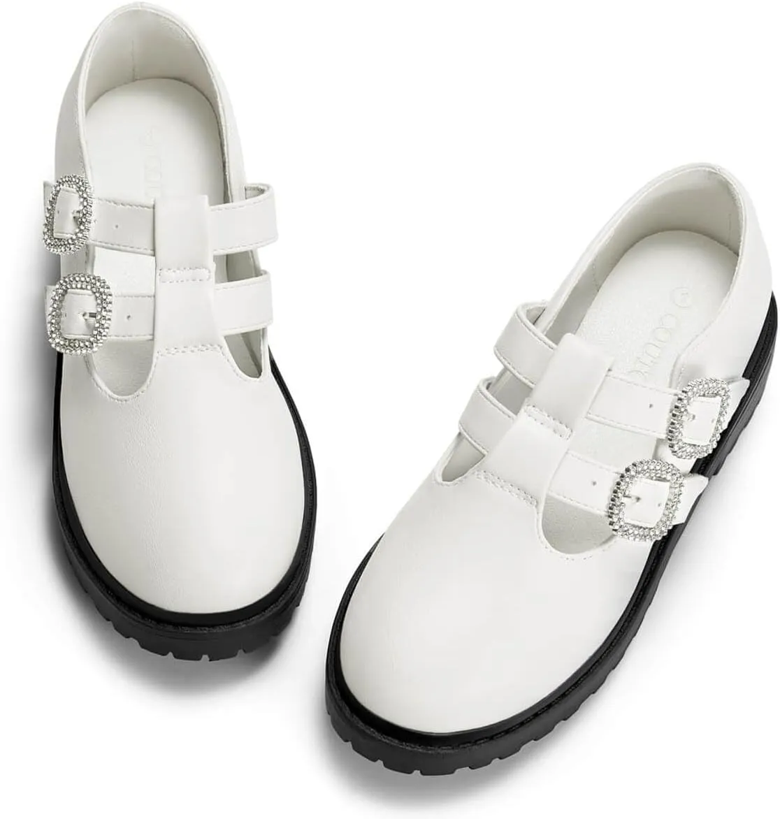 Coutgo Girls Mary Jane Shoes Platform Rhinestone T-Strap Chunky Block Heel Leather School Uniform Shoes