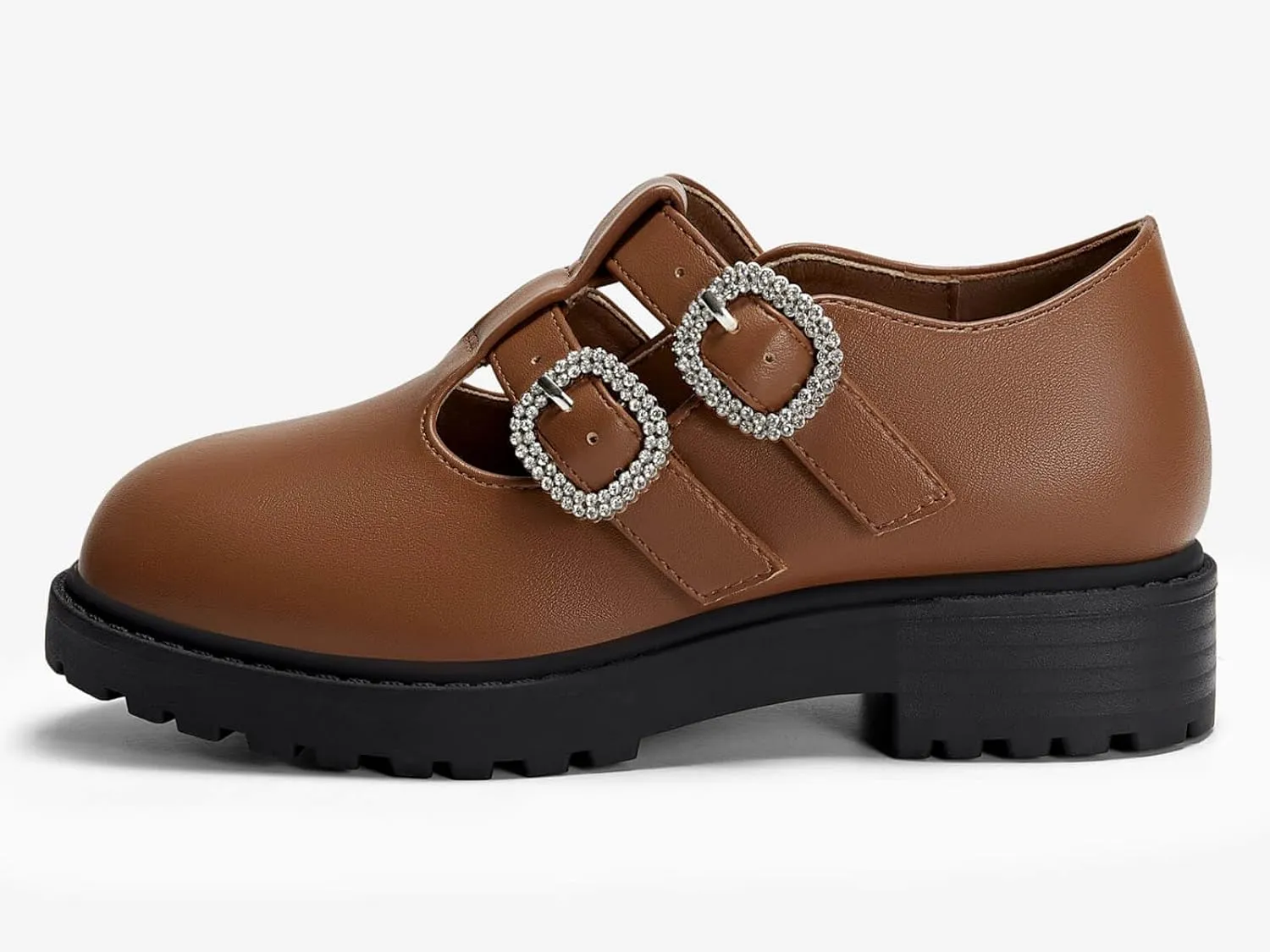 Coutgo Girls Mary Jane Shoes Platform Rhinestone T-Strap Chunky Block Heel Leather School Uniform Shoes