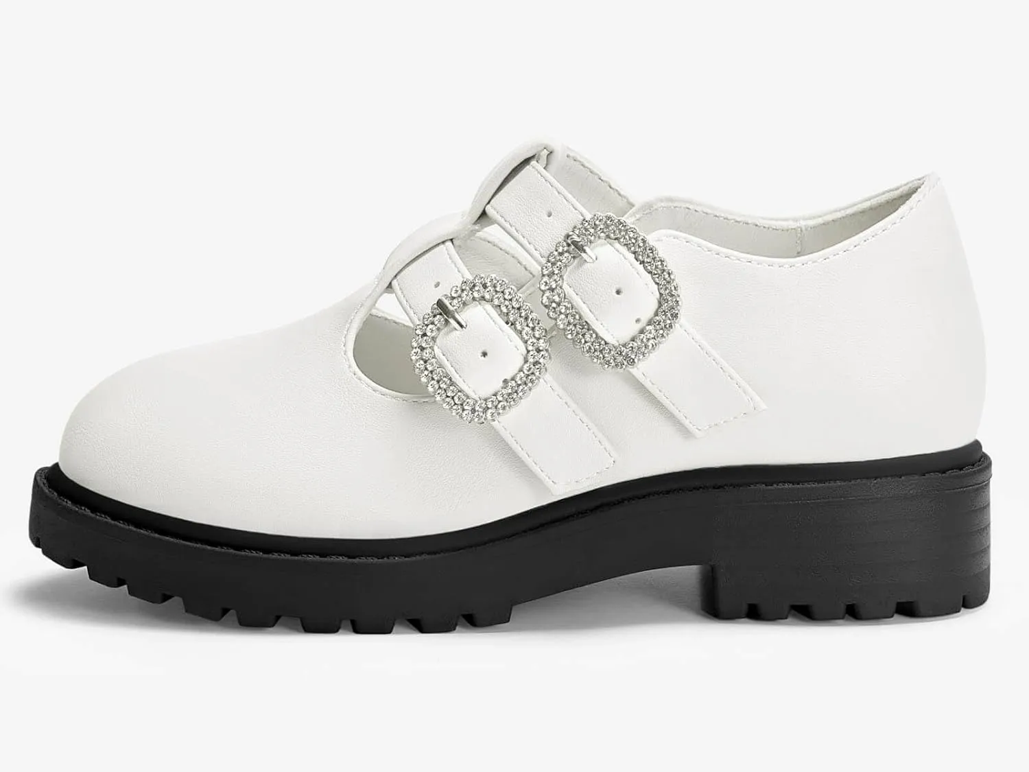Coutgo Girls Mary Jane Shoes Platform Rhinestone T-Strap Chunky Block Heel Leather School Uniform Shoes