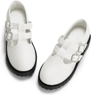 Coutgo Girls Mary Jane Shoes Platform Rhinestone T-Strap Chunky Block Heel Leather School Uniform Shoes