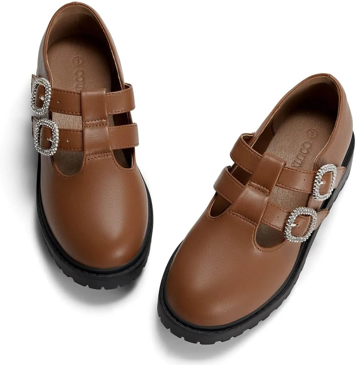 Coutgo Girls Mary Jane Shoes Platform Rhinestone T-Strap Chunky Block Heel Leather School Uniform Shoes