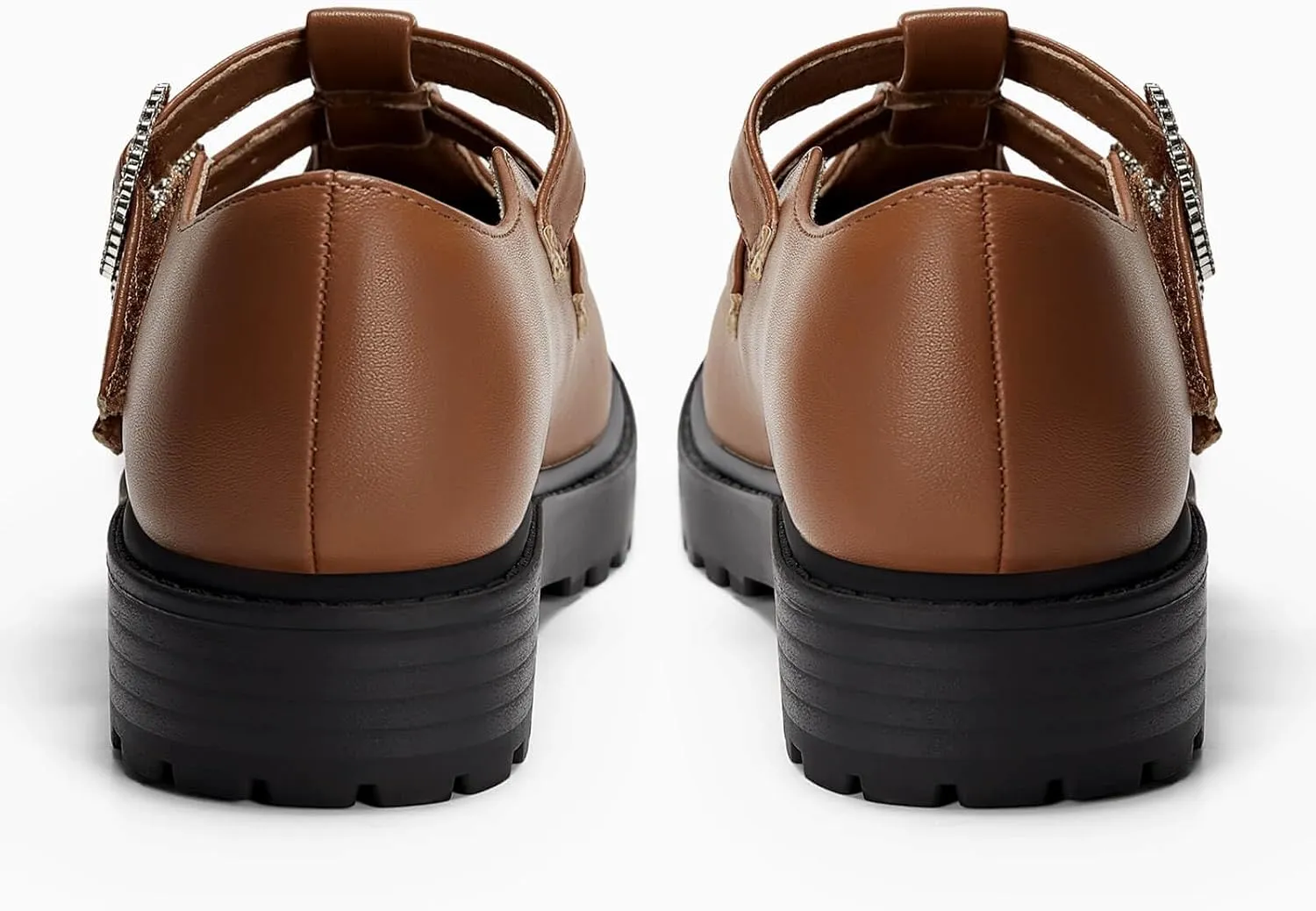 Coutgo Girls Mary Jane Shoes Platform Rhinestone T-Strap Chunky Block Heel Leather School Uniform Shoes